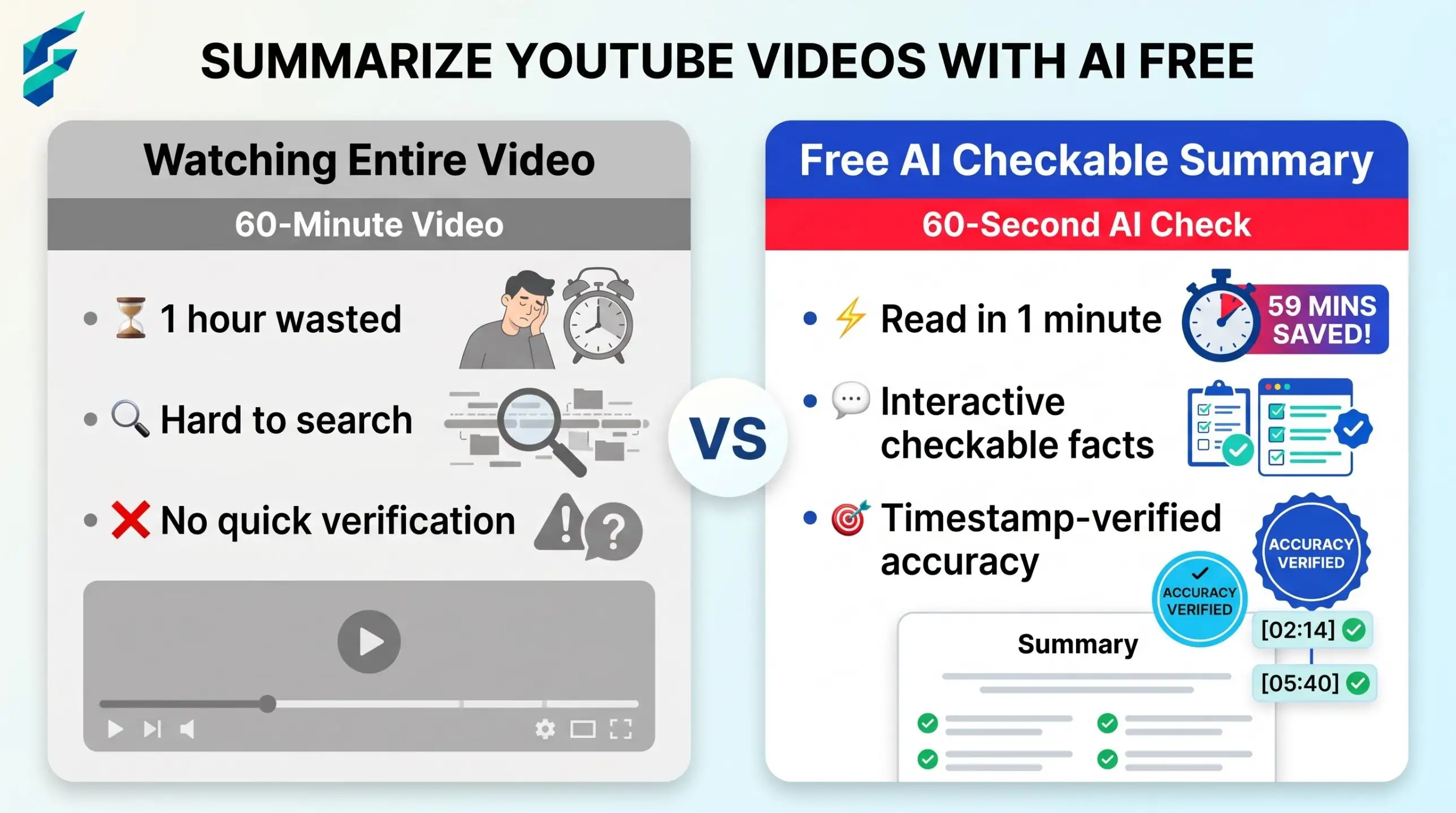 Summary bullets matched to video timestamps and short quotes for checking