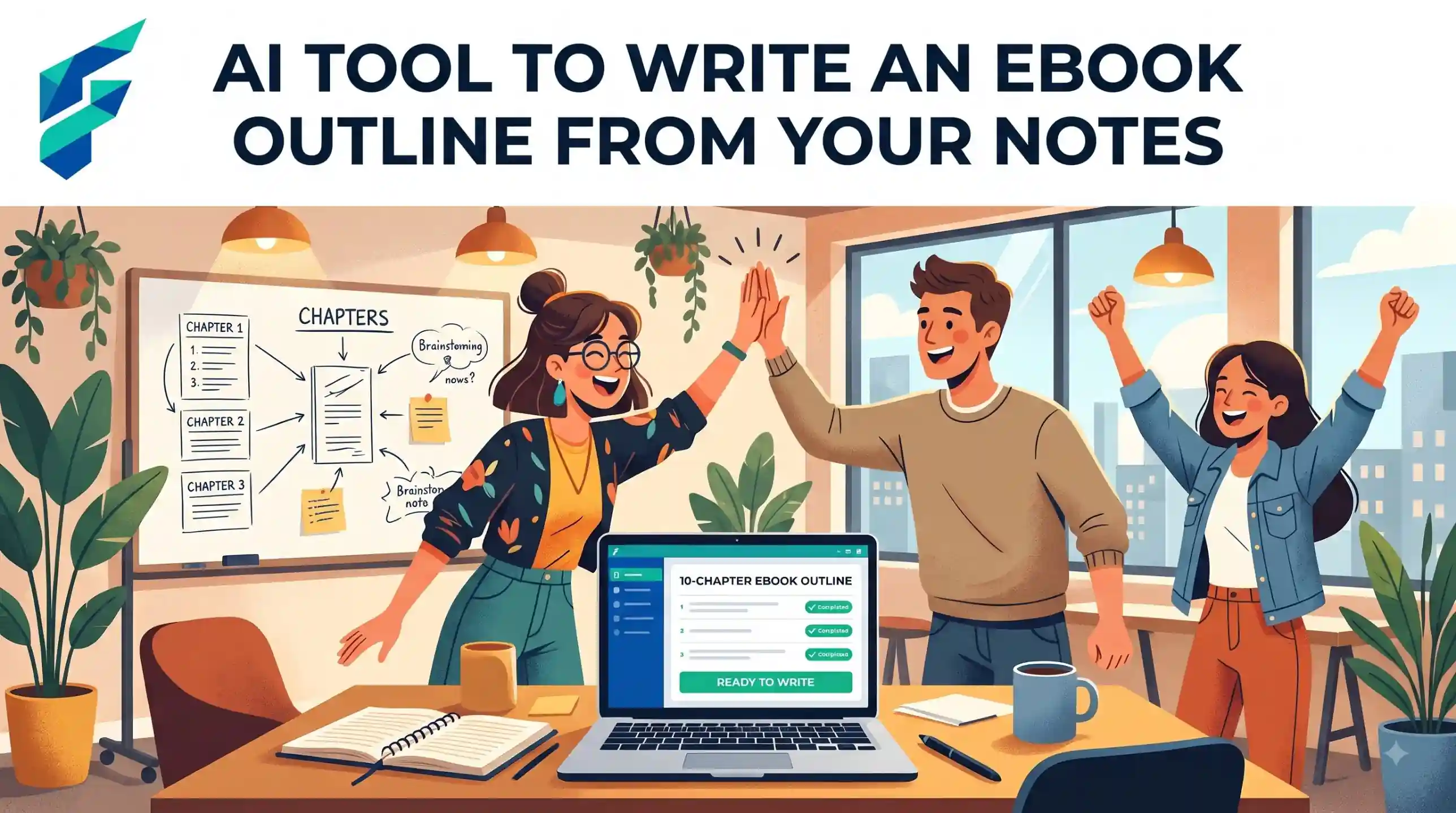 AI tool to write an ebook outline for free, shown as a chapter plan on a desk
