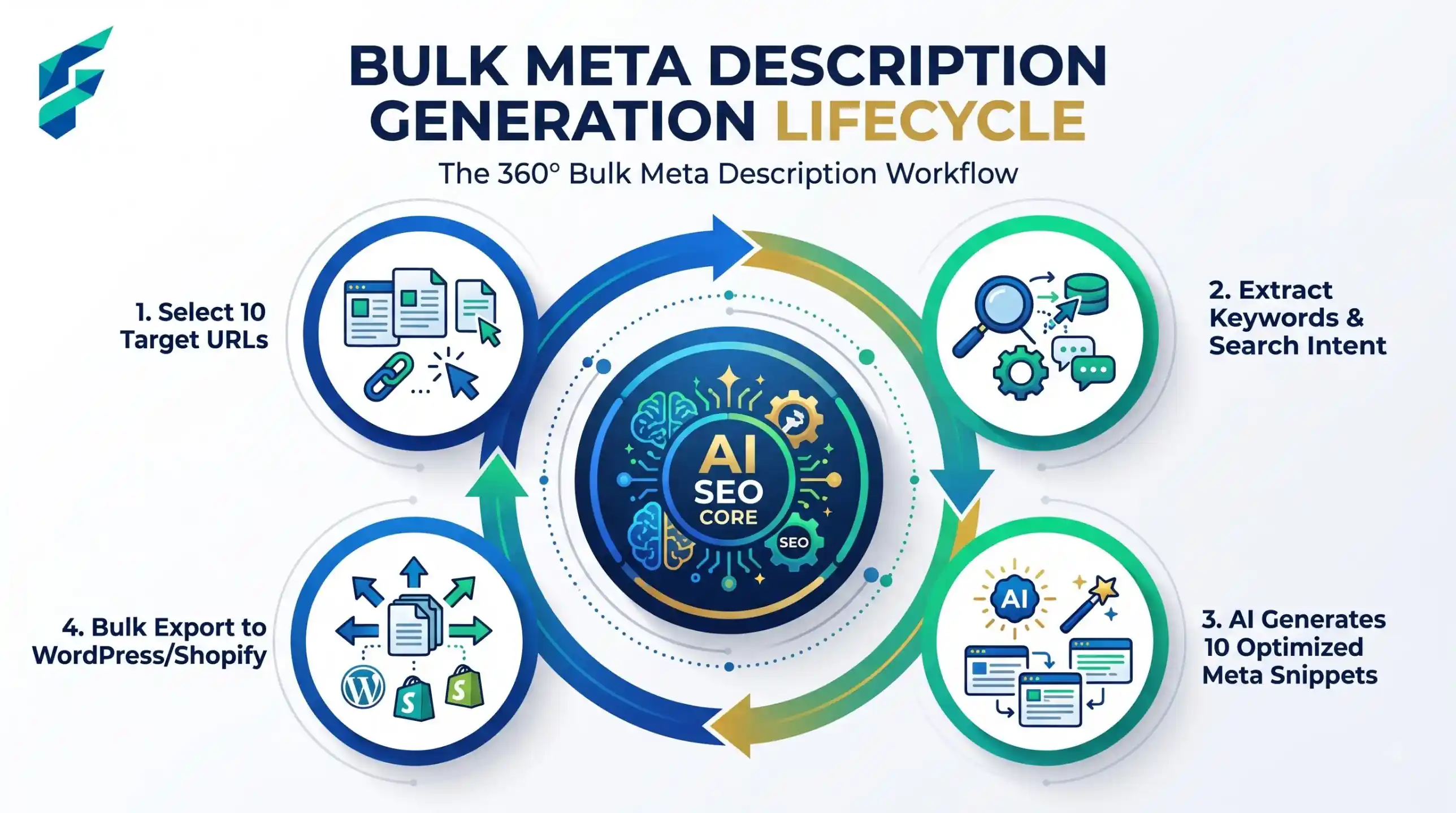 AI tool to write meta descriptions in bulk for a small website, shown as a list of pages