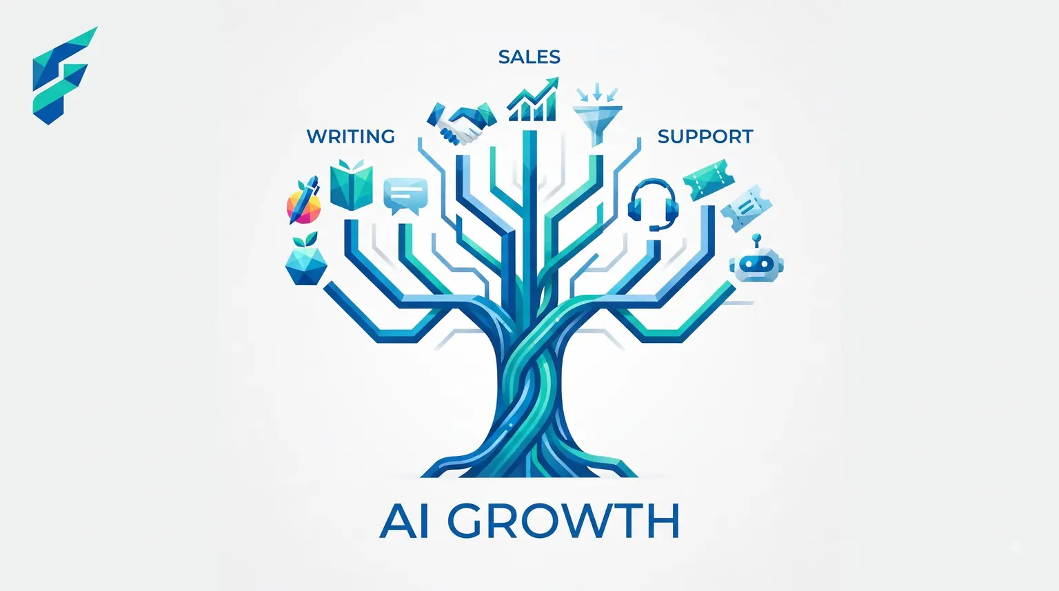 Visual breakdown of practical AI use cases across writing, research, customer service, and operations